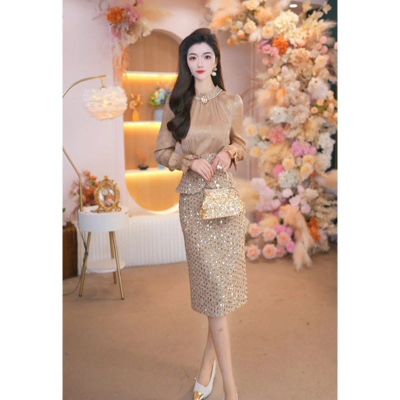【鎏金盛宴】2025秋冬气质修身轻奢小香风亮片法式长袖连衣裙25075