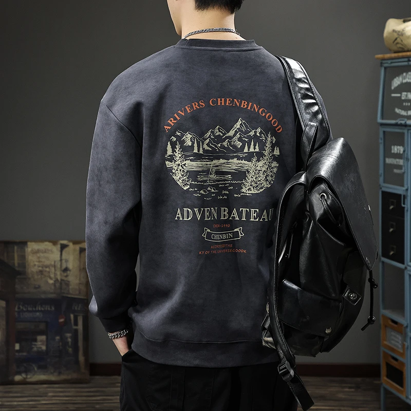 MR.MUDI/穆迪先生美式水洗山系印花圆领卫衣男士秋季新款宽松上衣