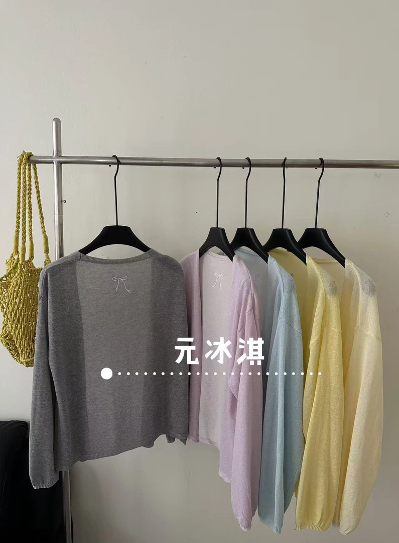 m/韩系防晒开衫薄宽松蝴蝶结刺绣女夏针织空调衫披肩外搭8635