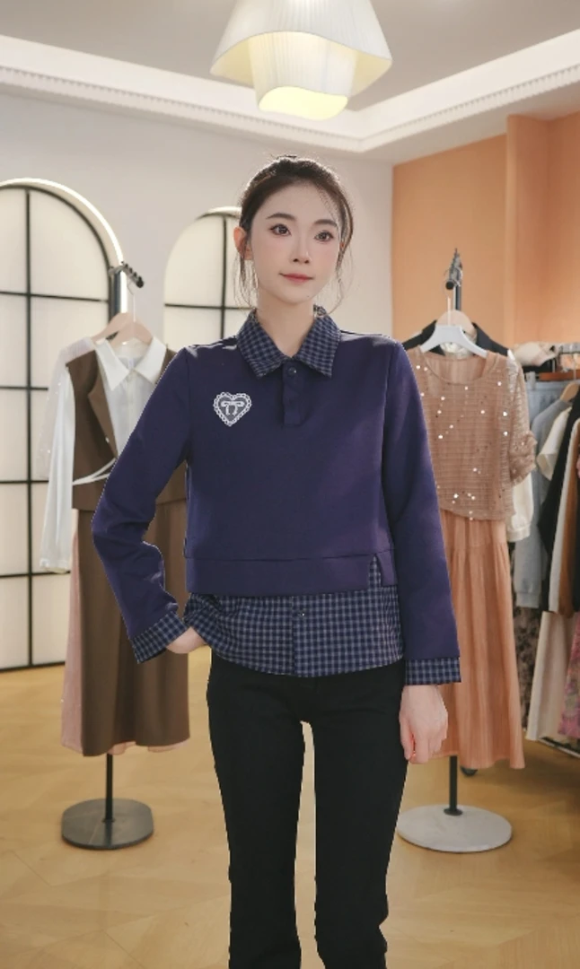 F韩版复古polo领假两件长袖秋季新款设计感小众修身上衣