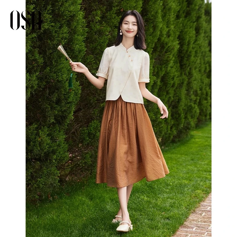 OSA/欧莎 新中式国风短袖衬衫女设计感短款衬衣上衣S124B12010