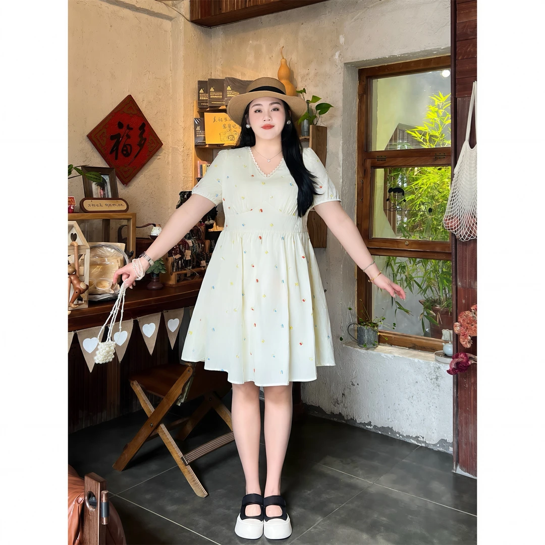 断码捡漏~小鹿斑比 / 法式V领显瘦泡泡袖碎花连衣裙14382花契大码