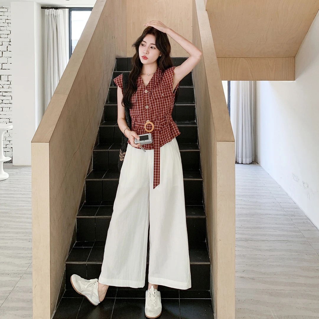 韩系洋气复古格纹上衣阔腿裤套装女减龄2025夏新款气质百搭两件套