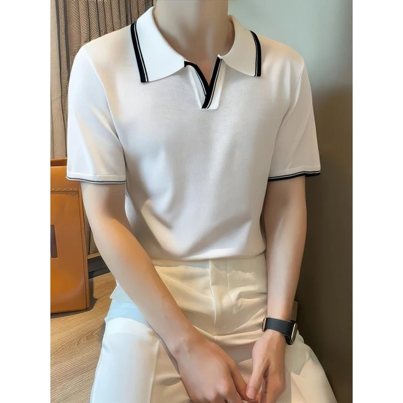 海鸥领针织短袖t恤男翻领商务休闲夏季半袖polo衫冰丝体恤2026年