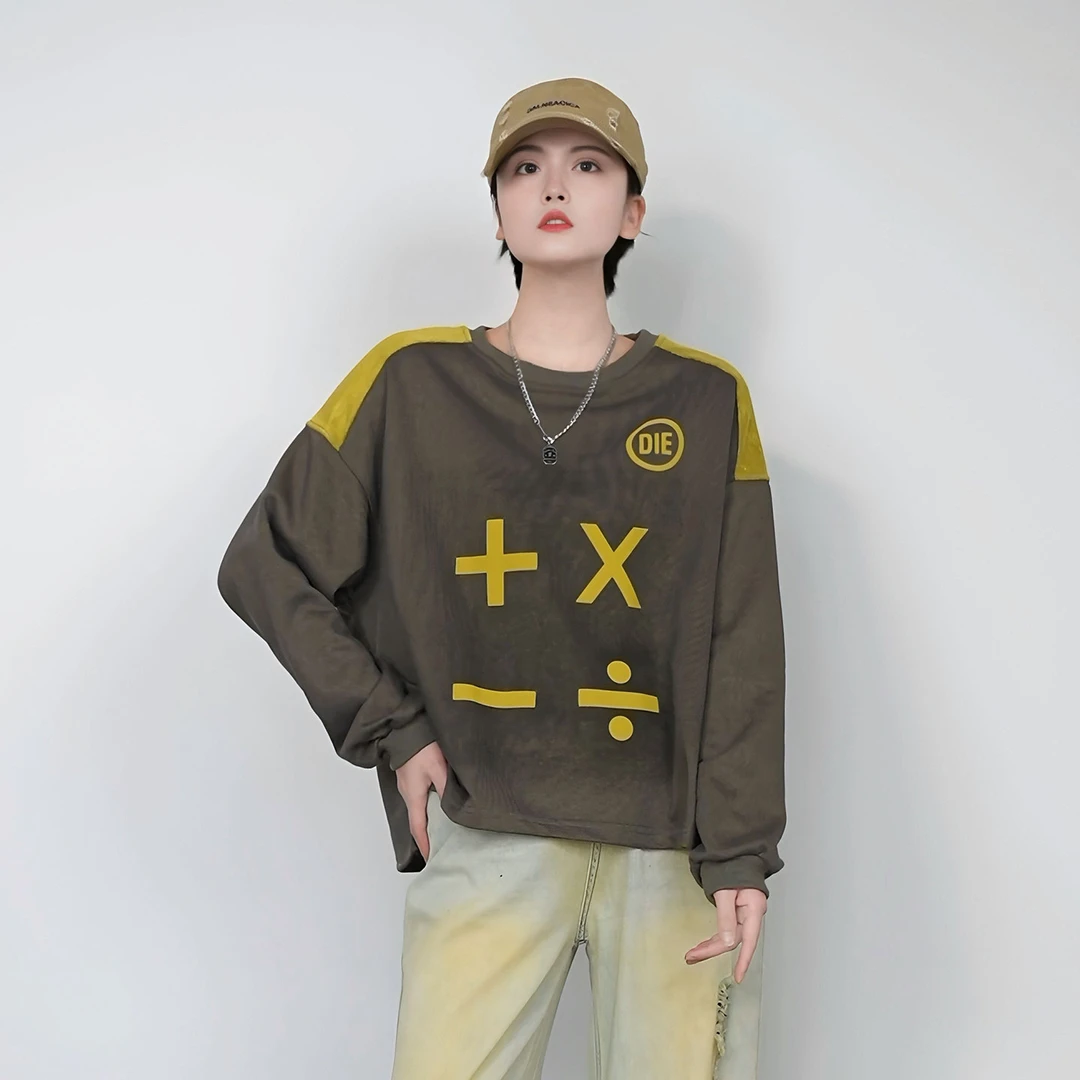 潮牌圆领套头t恤女长袖2025春秋新款韩版宽松时尚百搭休闲卫衣