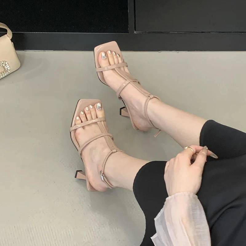 欧美细跟高跟鞋女2025新款方头一字带少女凉鞋夏季名媛礼服宴会鞋