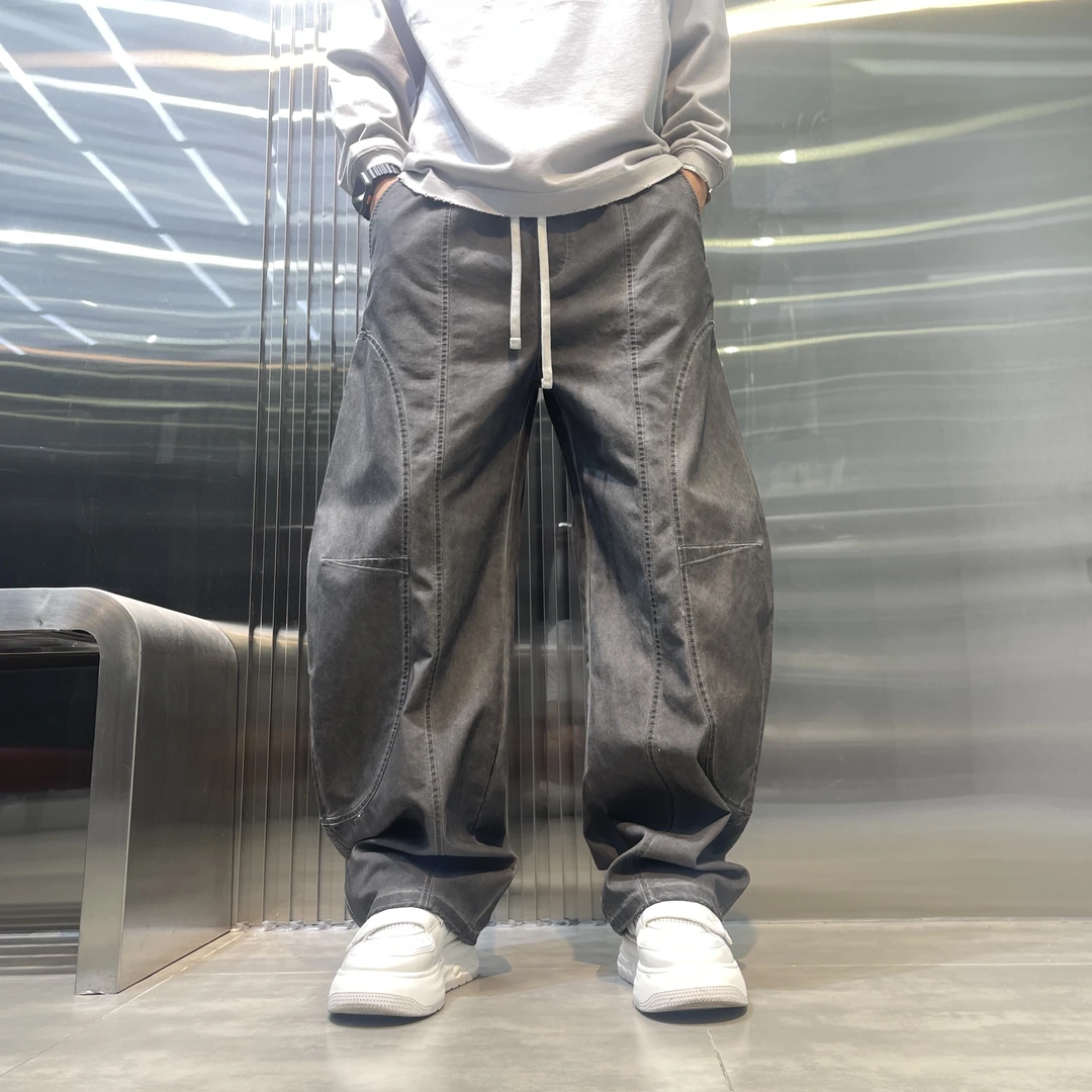 秋季新款男士微弹力潮阔腿裤裤子长裤休闲裤美式宽松水洗弯刀裤男