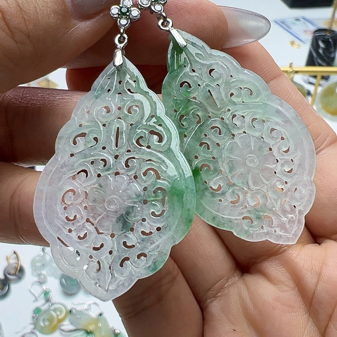 ****月翡翠银S925镶嵌耳饰天然缅甸A货翡翠