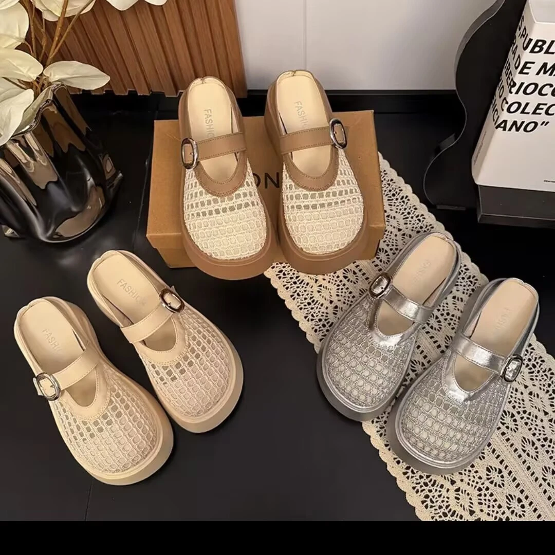 厚底镂空包头凉拖鞋女夏外穿2025时尚百搭透气网面一字带扣半拖鞋