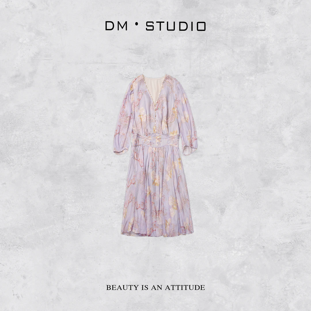 DEDM•STUDIO/亚麻桑蚕丝静奢高级甜美V领连衣裙2504LYQ/25S-1117K