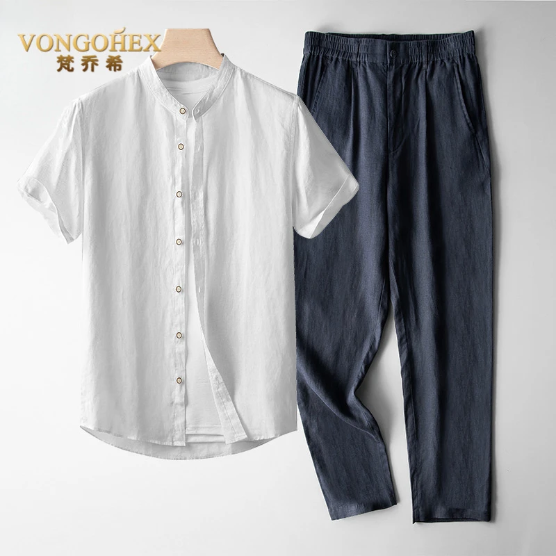 VONGOHEX中式亚麻短袖套装男士夏季薄款中国风中老年休闲运动长裤