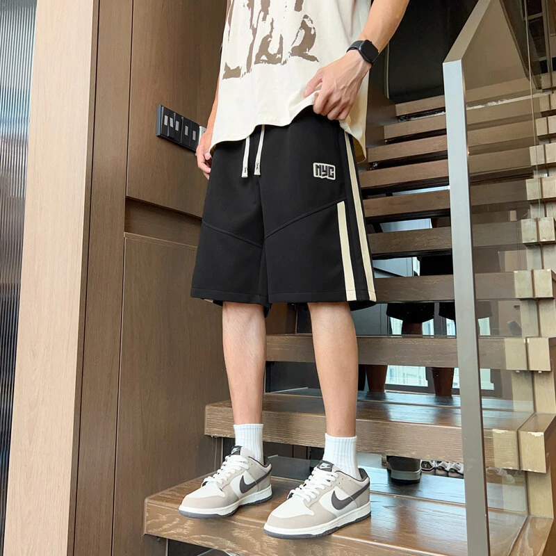 2025夏季短裤男青少年透气宽松休闲五分裤学生条纹拼接运动中裤