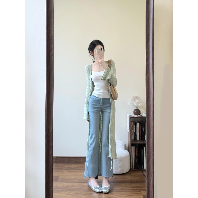 MARIE.COCO设计感v领系带长款春夏针织开衫内搭吊带牛仔裤套装