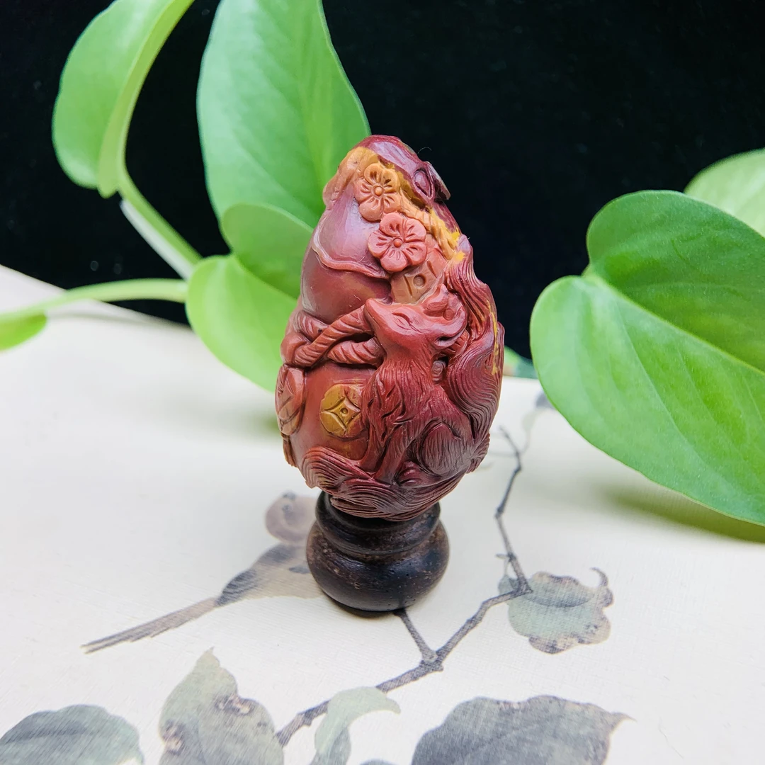 天然老矿盐源玛瑙俏色红黄包浆九尾狐葫芦摆件挂件手工精雕