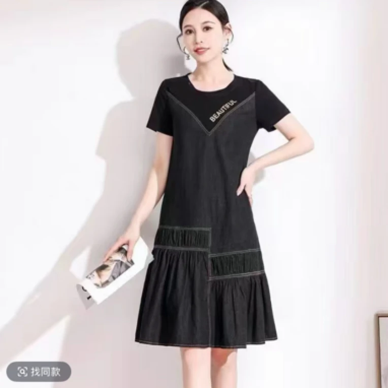 [H1302牛仔连衣裙女士时尚气约潮拼接裙子春秋色牛ssss橘黑