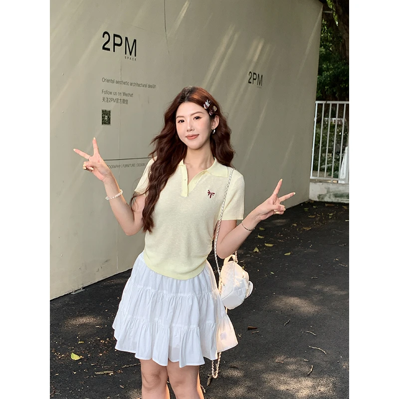 【慵懒调性】翻领刺绣针织衫2025夏季新款女装字母绣正肩POLO领短袖