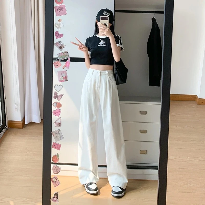 白色褶皱阔腿牛仔裤女2005春夏新款高腰百搭显瘦垂感牛仔裤拖地裤
