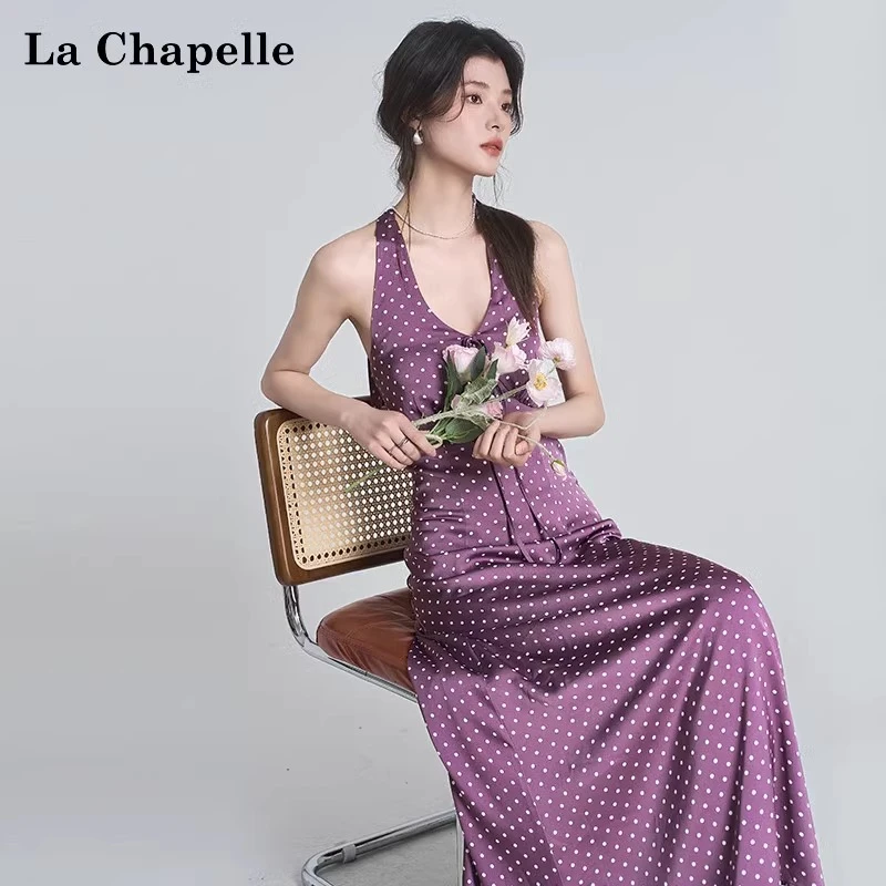 新中式国风挂脖连衣裙女2025夏季新款紫色波点吊带中长裙子
