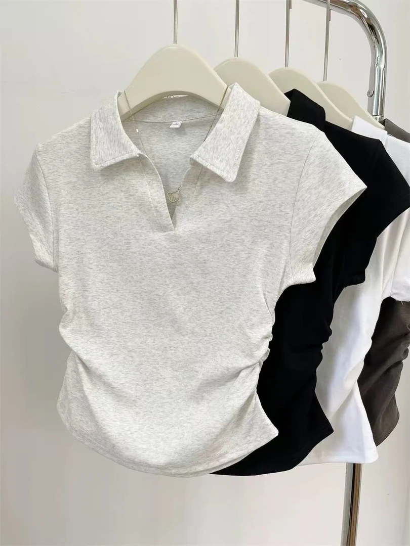 【扣号链接】2025夏季新款翻领纯色收腰修身辣妹T