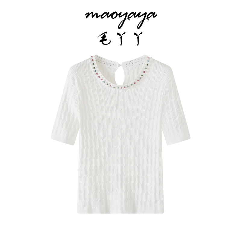 夏季新款圆领重工钉珠短袖针织衫女百搭通勤T恤简约上衣小个子短t
