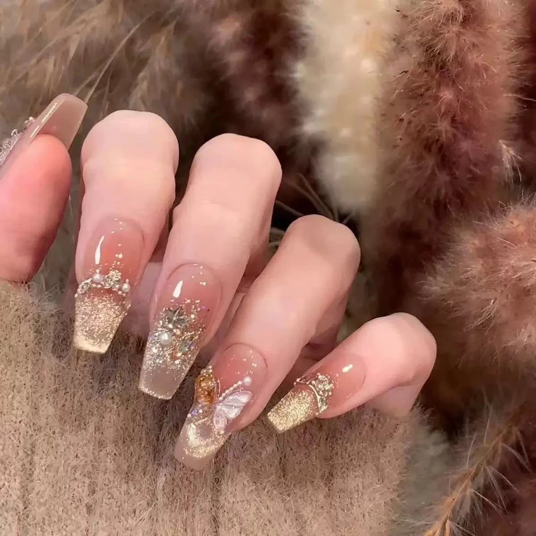 《冰透裸茶》烫金蝴蝶高品质纯手工穿戴甲气质新款美甲