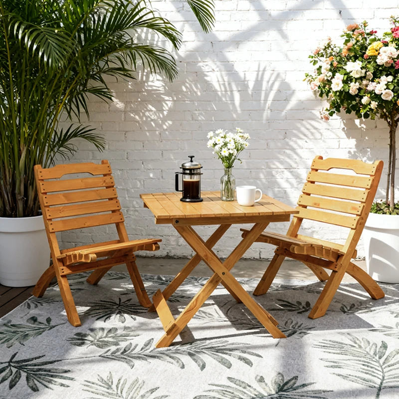 户外庭院露天咖啡茶桌椅组合室外休闲可折叠实木质餐椅子复古网红