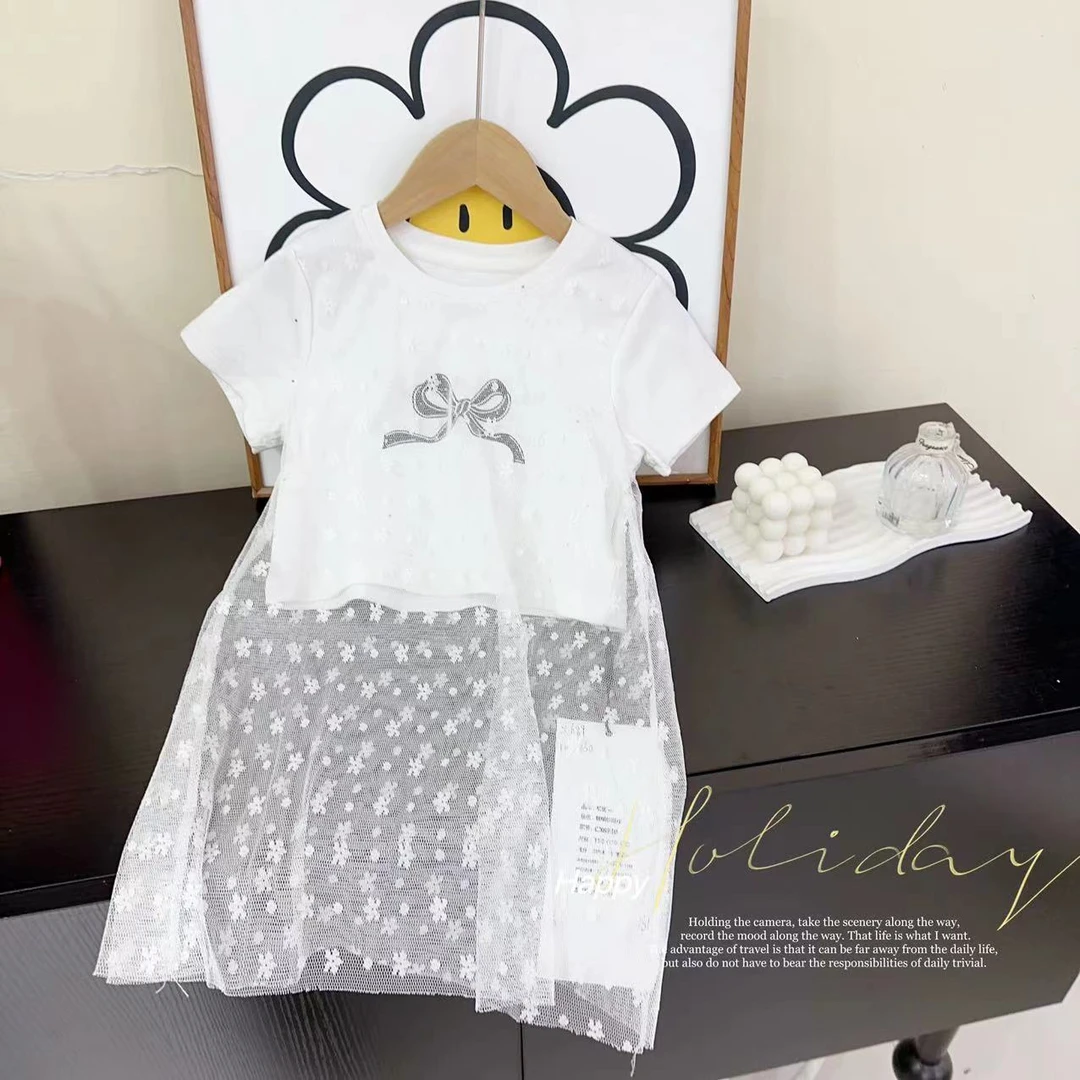 汤圆家童装2025夏季新款韩系蝴蝶结蕾丝假两件T恤 XA-689