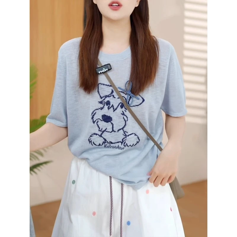 减龄卡通小狗提花针织上衣女短袖2025夏季新款韩系圆领休闲T恤衫