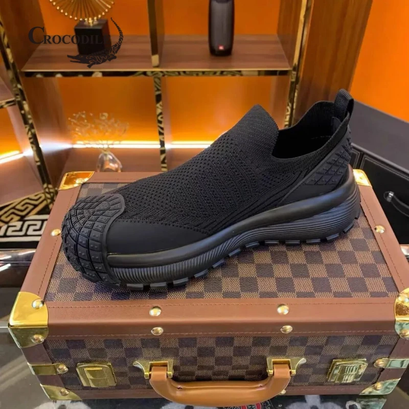 鳄鱼恤男鞋秋冬飞织透气懒人一脚蹬休闲男士纹路防滑运动百搭潮鞋