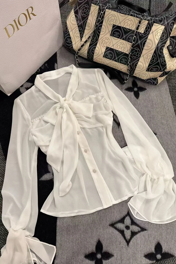 【雅乔定制】早秋coco 系带蝴蝶结珍珠雪纺长袖白衬衫DYCC-25068265