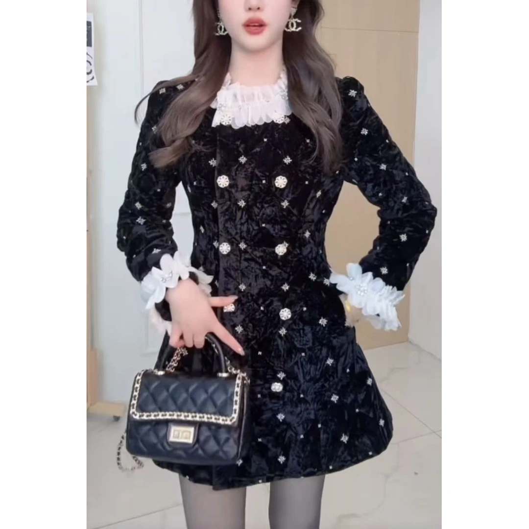 【晨浠定制】新款领口袖口拼蕾丝长袖夹棉外套连衣裙8085