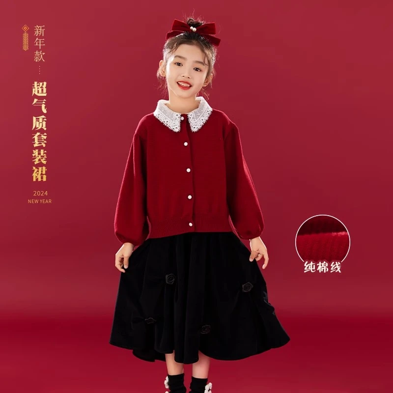 拜年服小香风套装女童红色新年裙子过年衣服时髦连衣裙