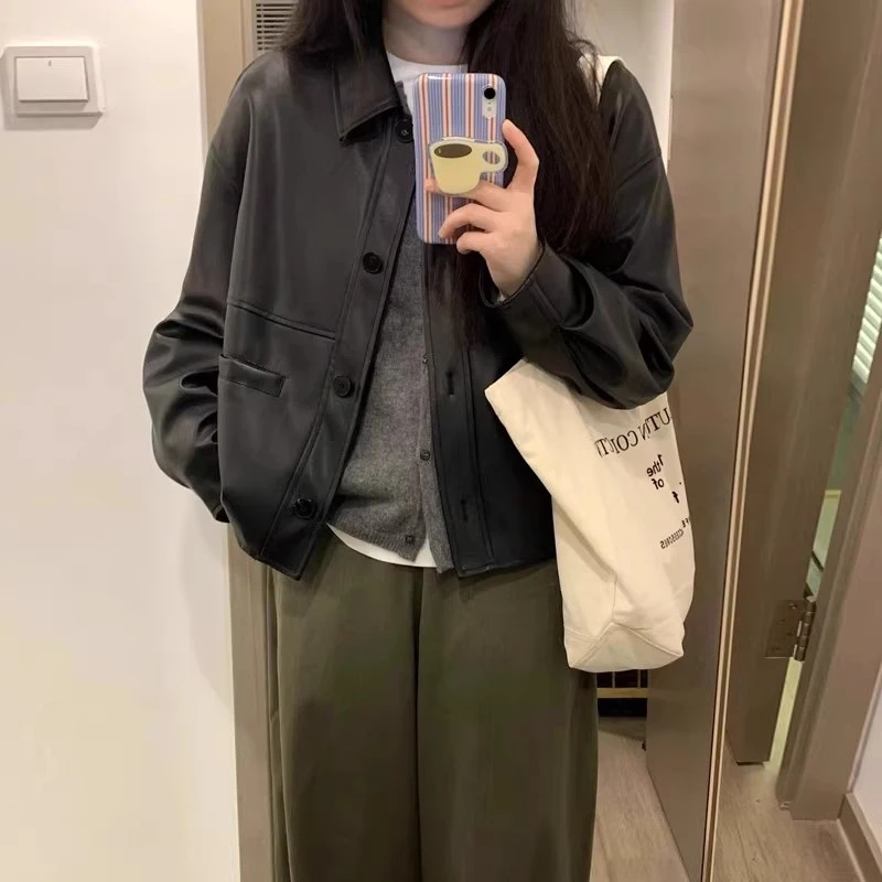 美式黑色复古皮衣女短款2025新款气质小个子休闲宽松pu夹克外套