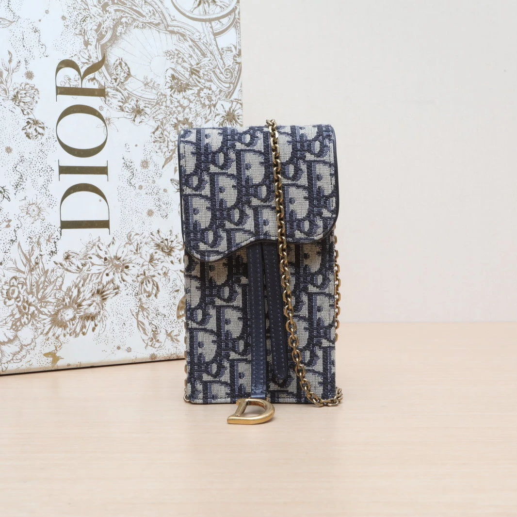 99新 DIOR/迪奥 【双攀】马鞍 竖版手机包 墨蓝色 帆布704703