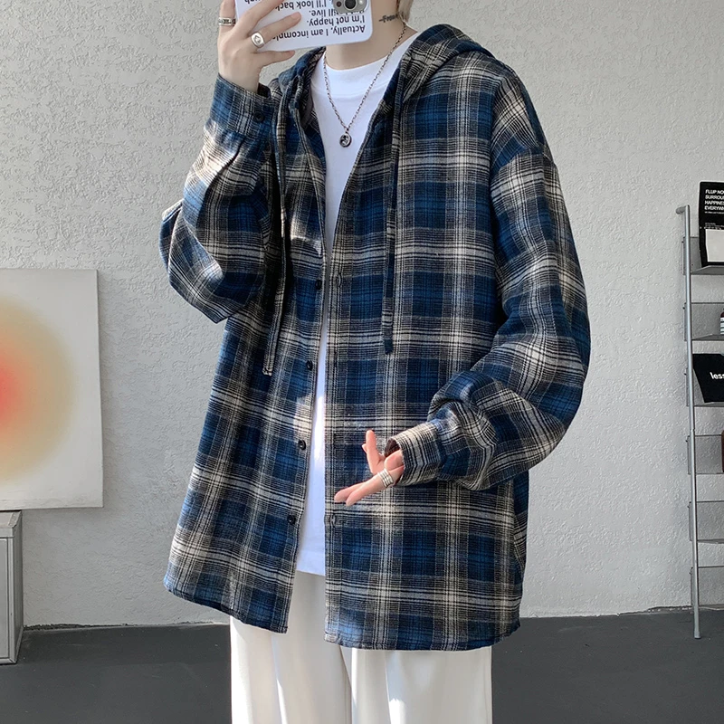 连帽格子衬衫男春秋季港风休闲宽松长袖2025新款美式复古情侣衬衣