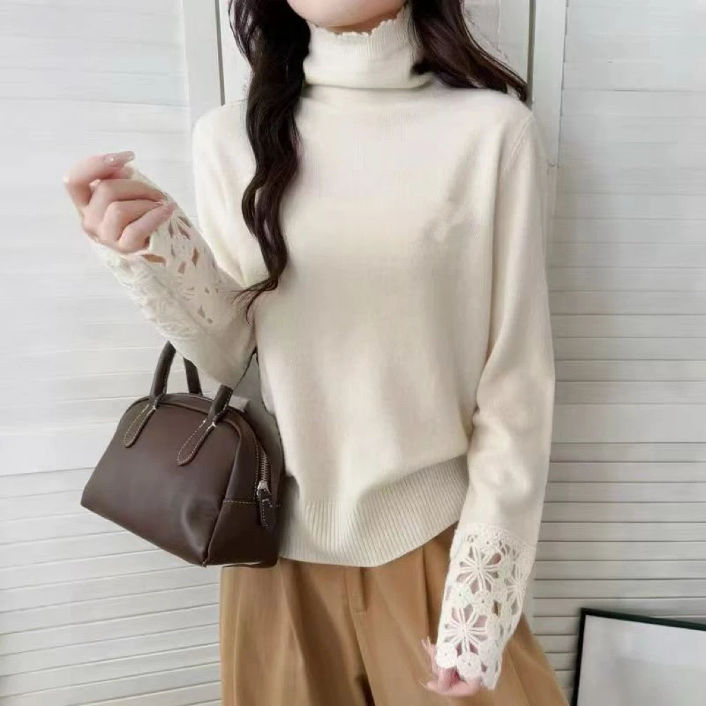 J718韩系温柔初恋感高领勾花女士打底