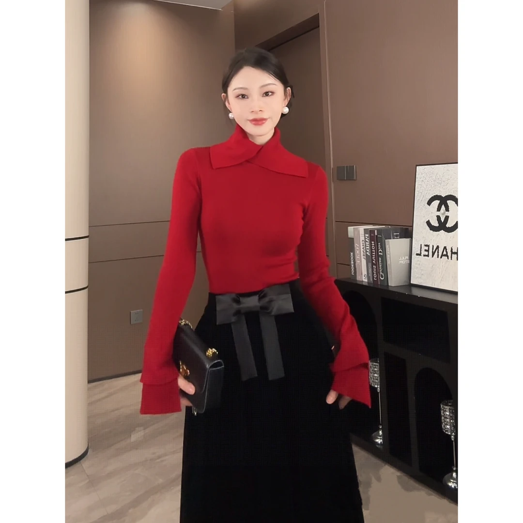 LZQ[挪威女主]气质翻领时尚拼接显瘦针织上衣XMZH10893