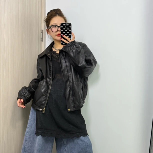 休闲常翻领长袖韩版标准夹克短外套PU皮衣外套春季