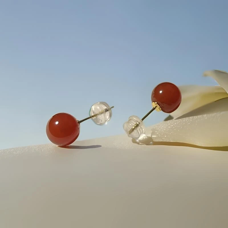 S925银镀金红玛瑙耳钉8mm珠子 耳环七夕情人节礼物Y110001