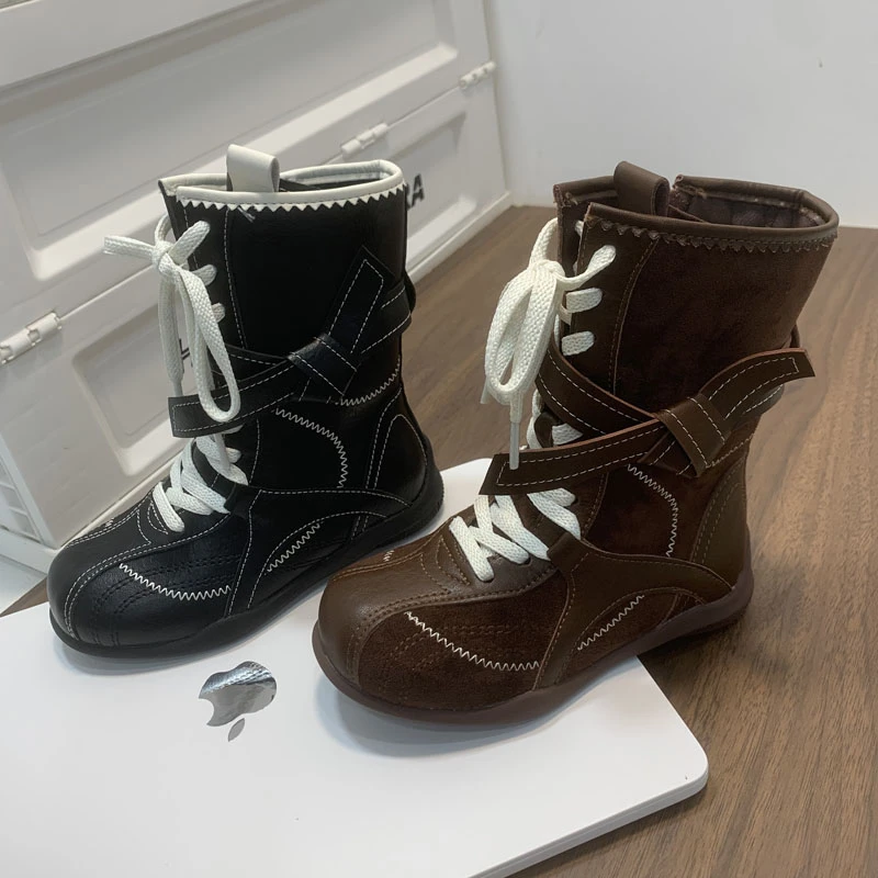 2025秋季新款儿童马丁靴韩版小众圆头系带中筒靴小众设计复古潮靴