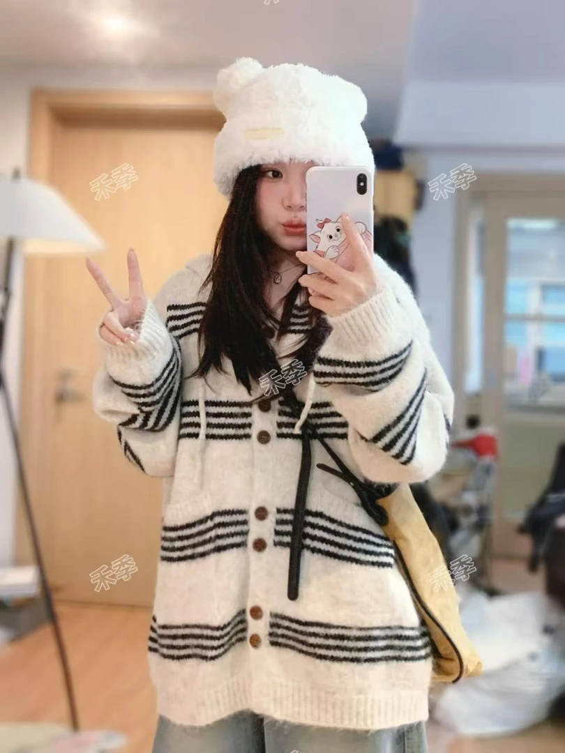 慵懒风撞色条纹连帽毛衣外套女秋冬季韩系宽松中长款针织开衫上衣