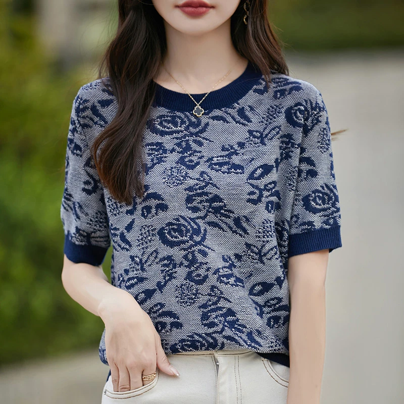 哥弟阿玛施正品2025夏季新款法式复古重工提花圆领百搭针织衫短袖