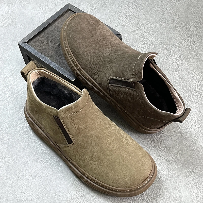 秋冬新款男士真皮松紧带一脚蹬中帮切尔西靴子软底防滑高帮马丁靴