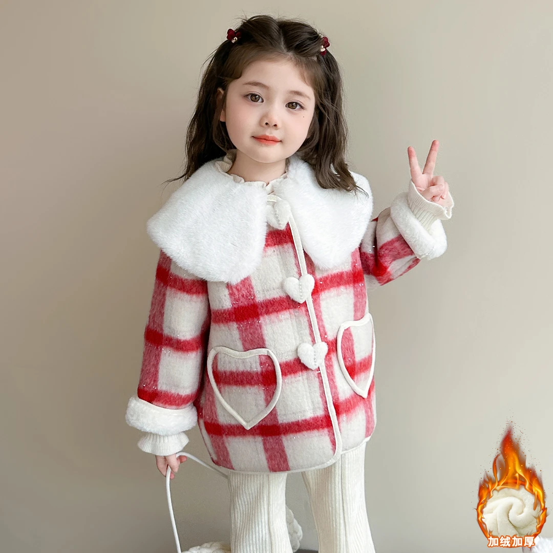 女童皮毛一体呢大衣秋冬季2025新款儿童洋气时髦冬装加绒格子外套