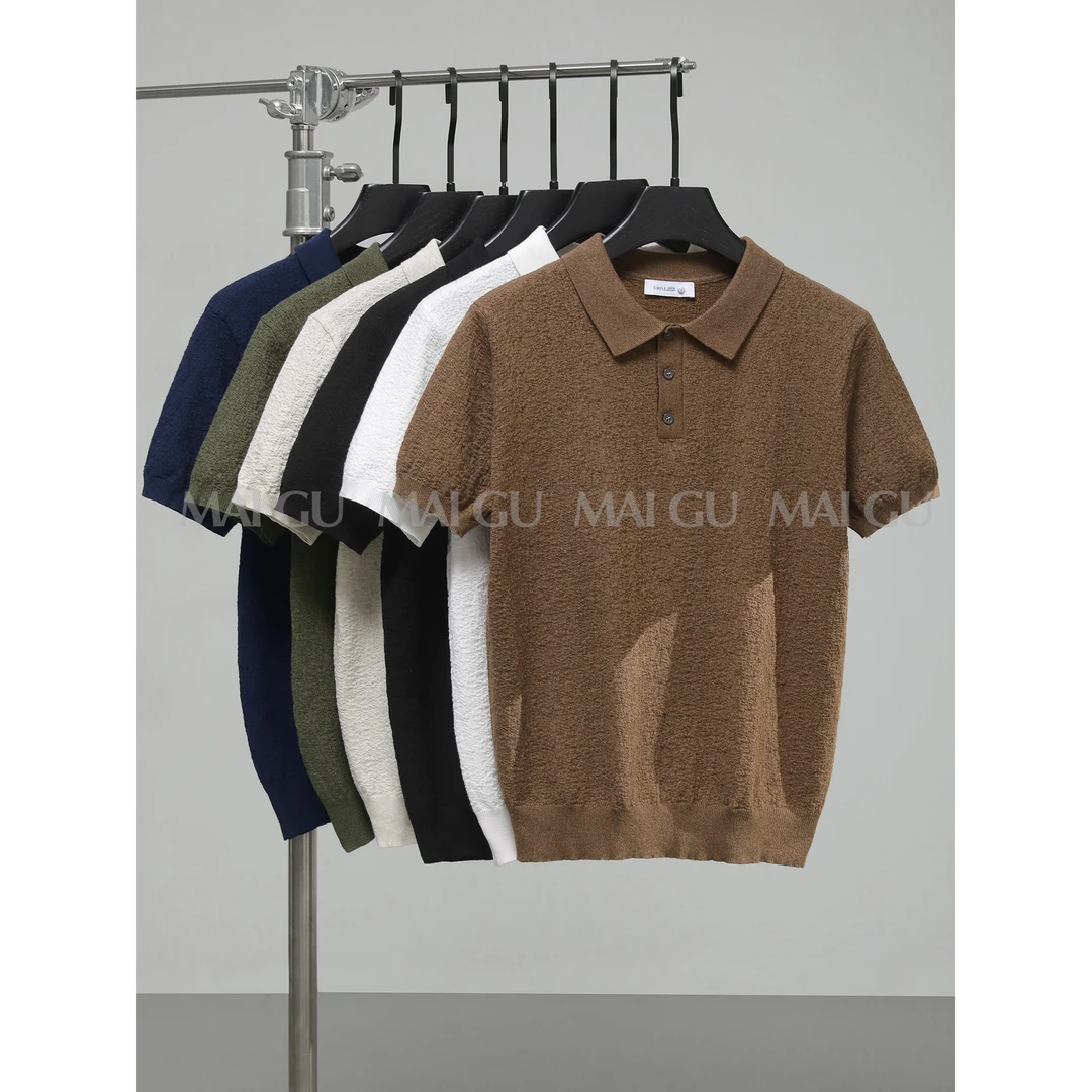【MAIGU】夏季老钱奢感提花纽扣设计短袖时尚休闲纯色冰感棉POLO衫