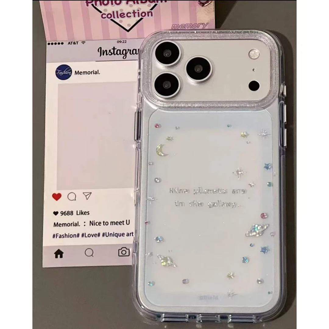 ins透蓝闪钻星星月亮星球适用iphone17promax苹果16手机壳15小众