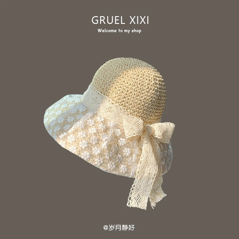 日系小清新花朵蕾丝草编帽子女夏季出游海边度假百搭赫本风遮阳帽
