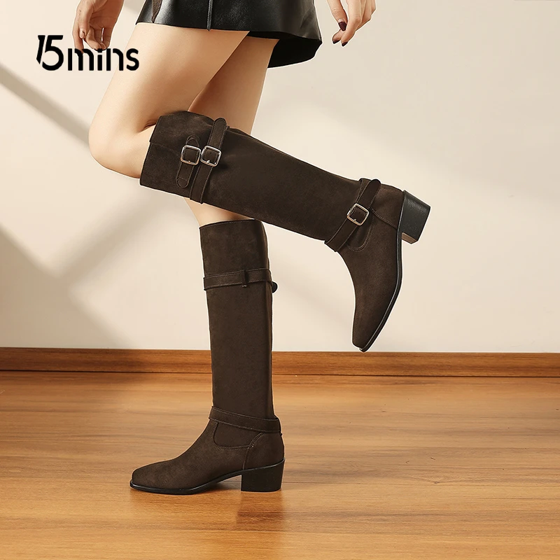 15MINS/15分钟粗跟长筒靴女不过膝骑士靴百搭小个子直筒靴瘦瘦靴