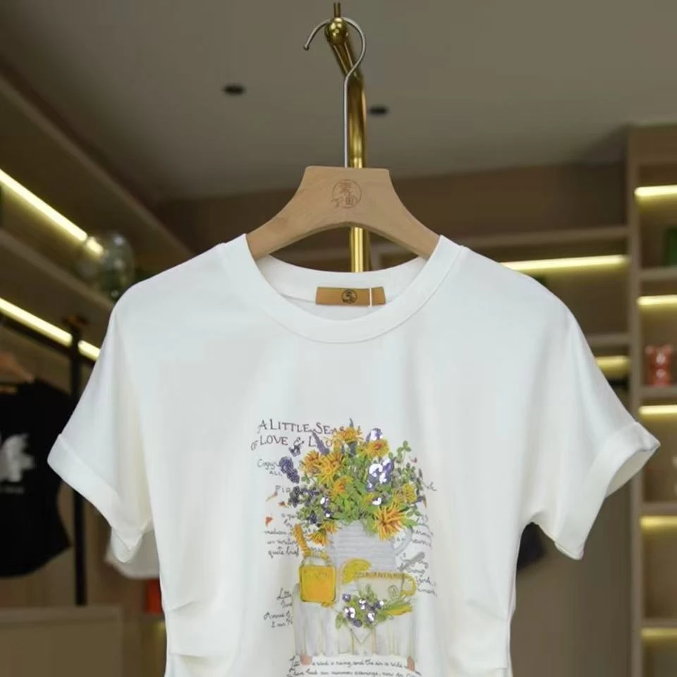 香港素甸新款立体花卉刺绣工艺气质短袖T恤Q25BT2165