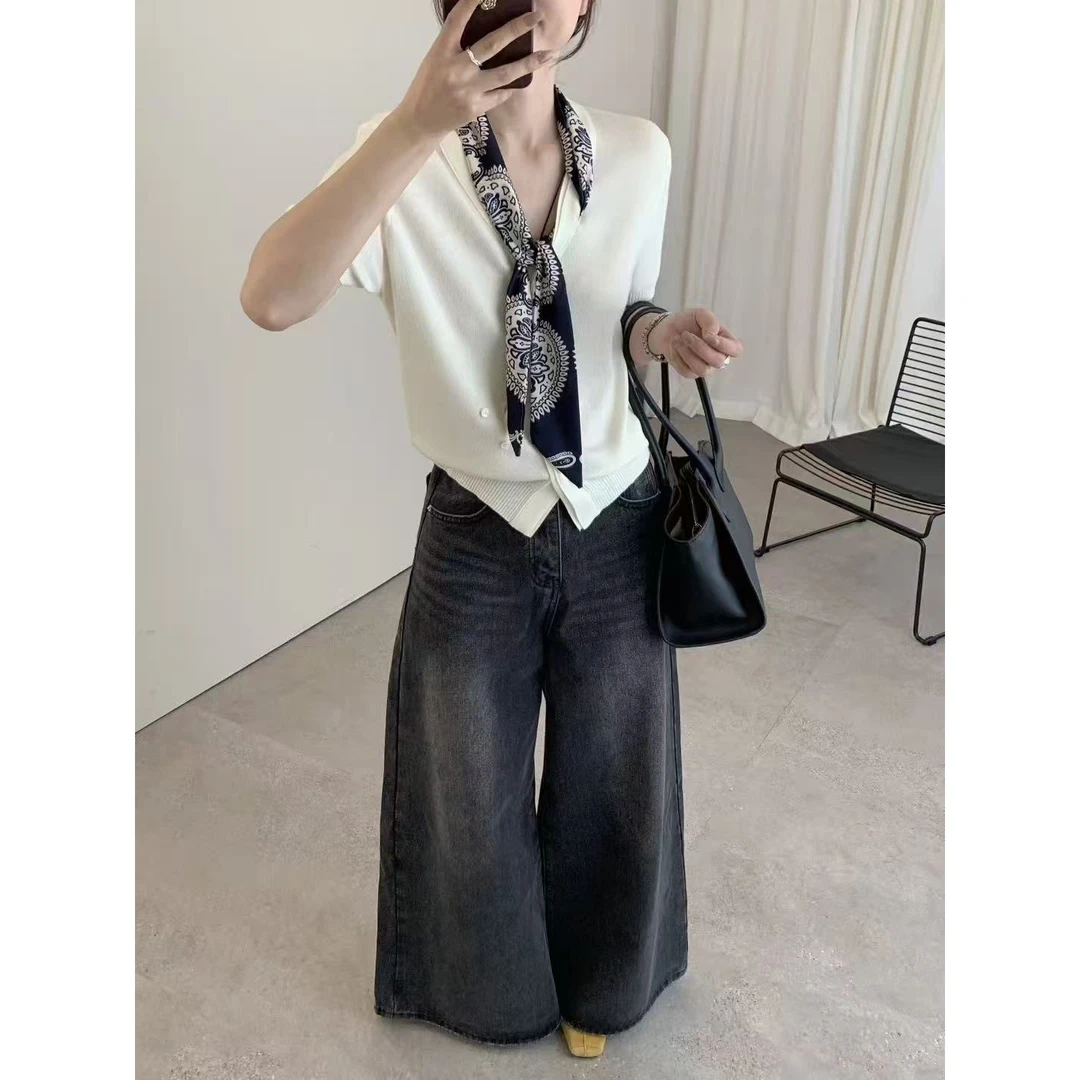 La Chapelle/拉夏贝尔早秋新款V领开衫短袖针织衫送丝巾百搭上衣